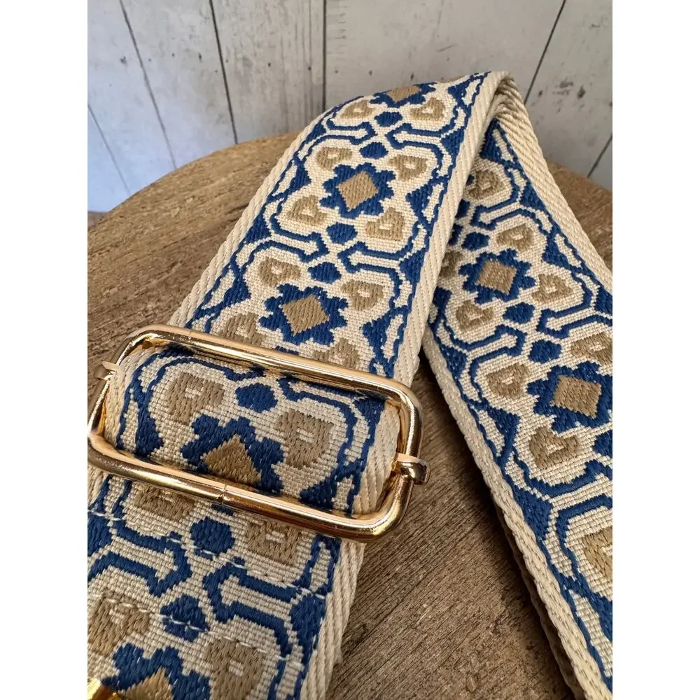 Beige Blue Purse Strap Wide Bag Strap Boho Crossbody Purse Strap
